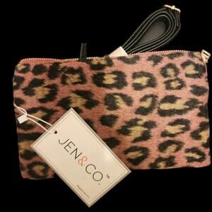 JEN & CO ANIMAL PRINT PINK MULTI POCKET  VEGAN LEATHER FUZZY CROSS BODY